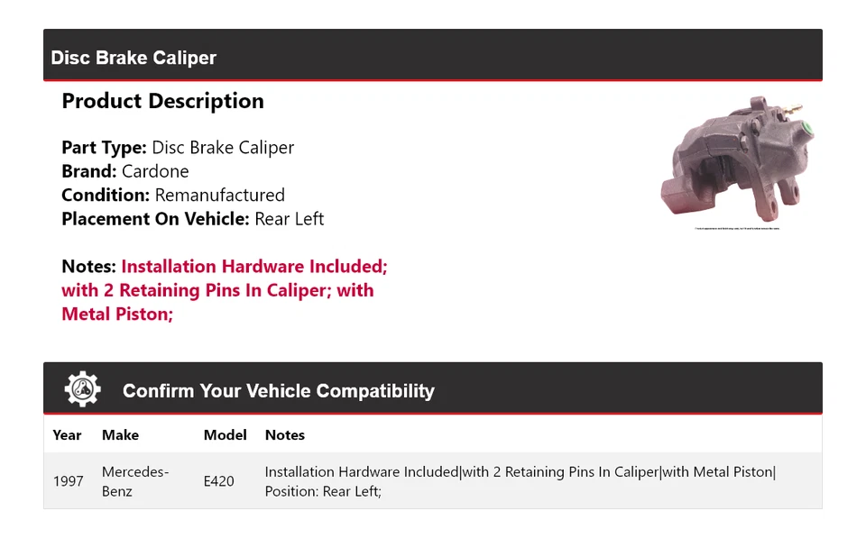 Pinza de freno de disco trasera izquierda cardone para Mercedes-Benz E420 1997 Foto 2 de 4