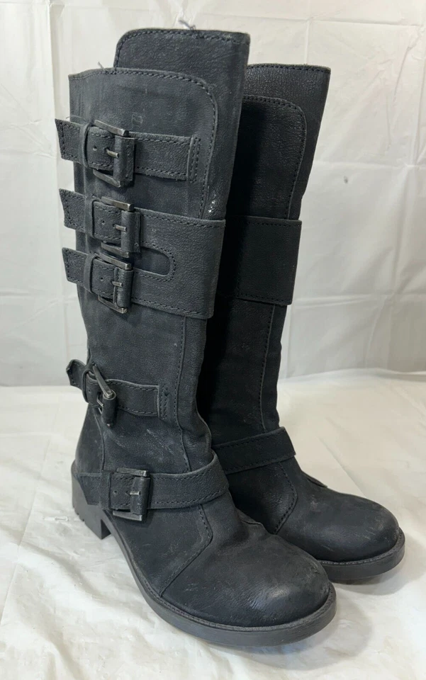 Bota hasta la rodilla de gamuza negra alta MIA Aleshia con hebillas cremallera motociclista talla 8,5 Foto 2 de 4