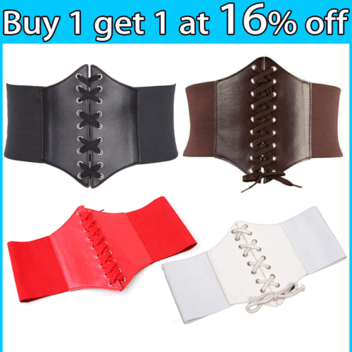 Ladies Waist Cincher Wide Band Elastic Tied Waspie Corset Leather Belt - Picture 1 of 15