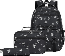 3Pcs Bow Backpacks for Girls with Lunch Box Cute Teen Bookbags Kids Backpack Set