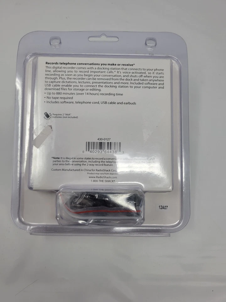 RadioShack 43-127 880 Min. Digital USB Voice Telephone Recorder + Dock BRAND NEW - Image 2 of 2
