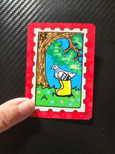 Original ACEO Art Card "Postage Pigeon" Hand Drawn Cute Cozy Bird Miniature Art 