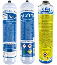 2x Sauerstoff Einwegflaschen M11x1 links / 1x Mischgas AT3000 f&uuml;r CFH Schwei&szlig;fix