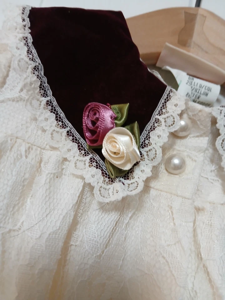 Vintage Little Precious Baby Dress 12 Months Rosettes Velour Lace Burgundy - Image 2 of 4