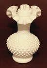 Vintage FENTON Large White Milk Glass HOBNAIL Ruffled Top Vase 10.75” Mint Cond