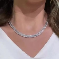 40Ctw Created Emerald Round Cut Diam 14k White Gold Plated Tennis Necklace 18"