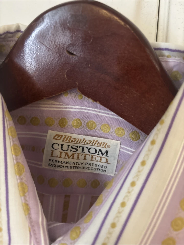 Nueva Camisa de Vestir Vintage Años 70 Manhattan Poli Lavanda Elegante a Rayas S 15 X 33 34 Foto 4 de 4