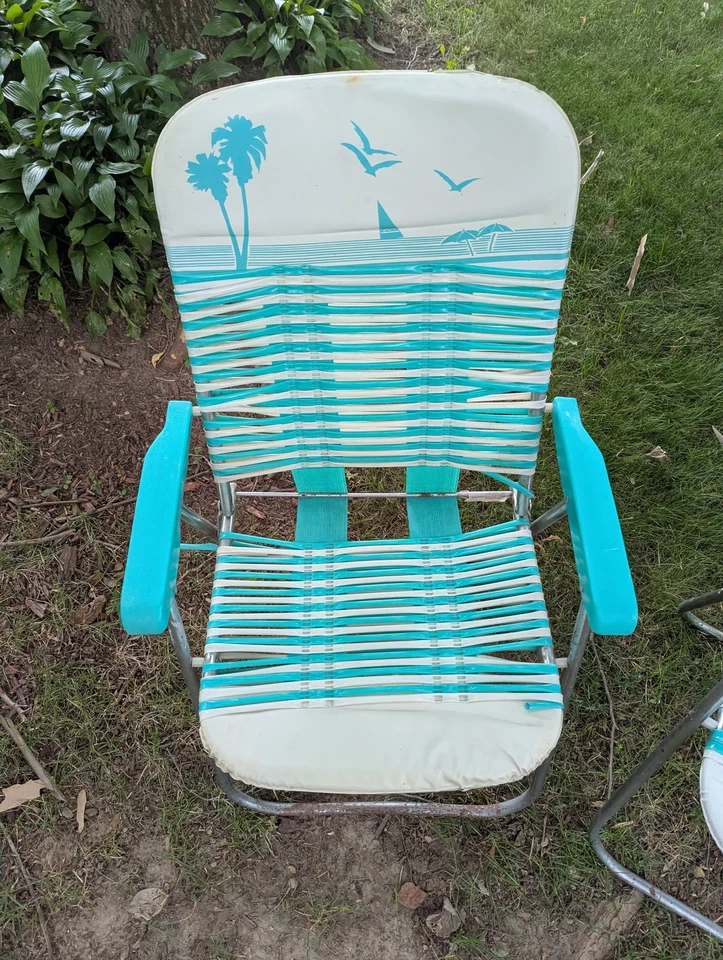 Conjunto de cadeiras de gramado dobráveis vintage anos 80 par de teias pátio praia ao ar livre estampa de palma - Imagem 2 de 4