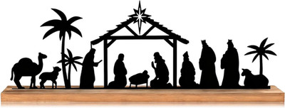 Metal Nativity Set Black with Wooden Base Christmas Tabletop Mantel Decor