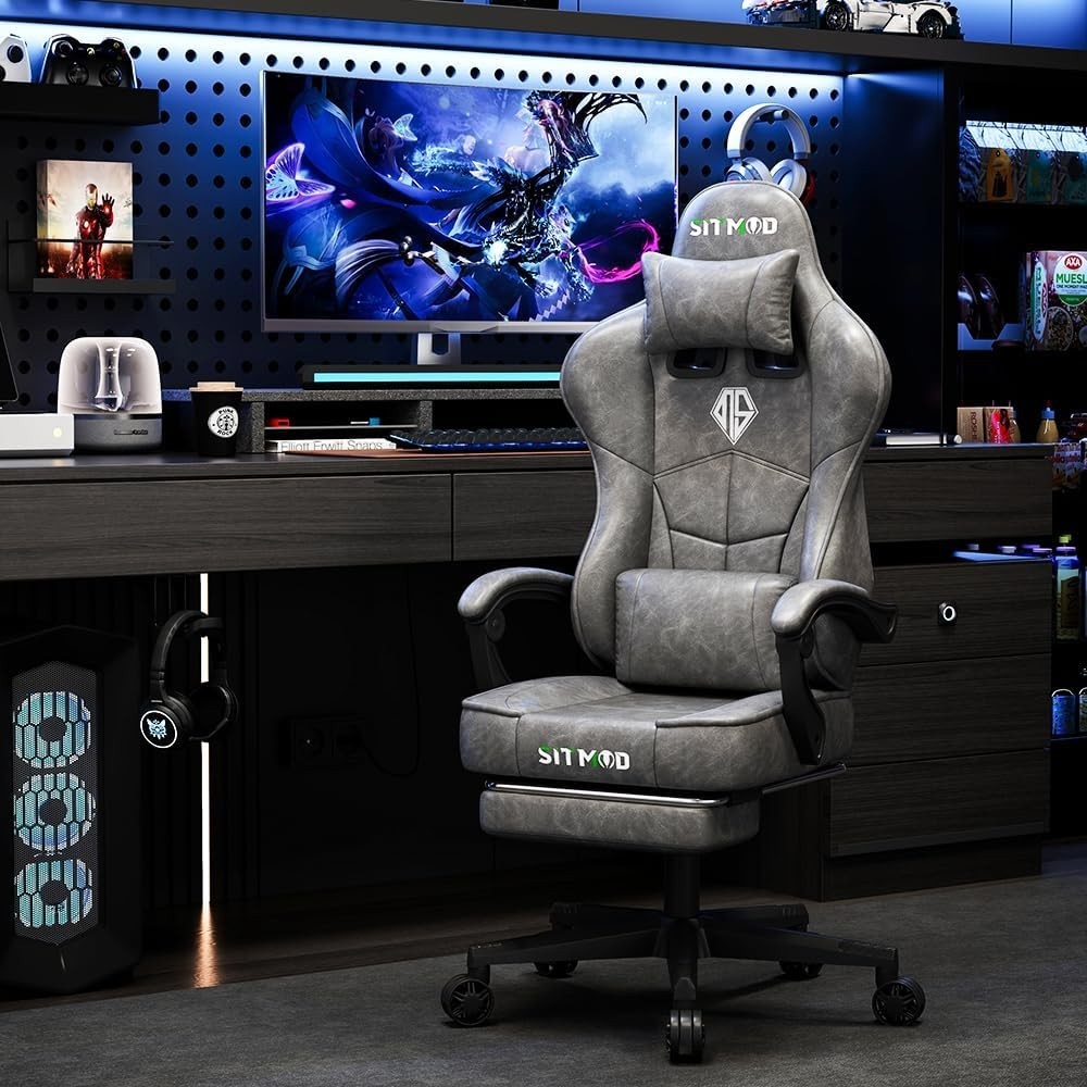 Silla Gaming Cuero Carreras Oficina Ejecutiva Reclinable con Reposapiés Asiento Giratorio