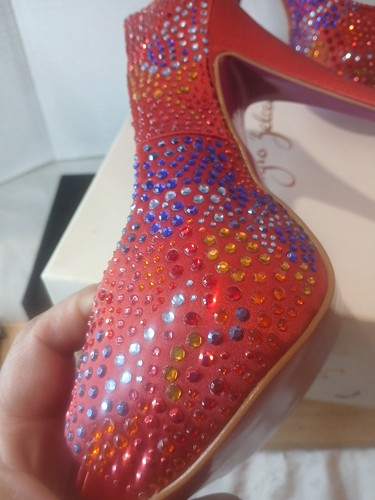 Sergio Zelcer Red Satin Would Style Size 8 Red Rhinstone High Heels Open Toe - Picture 10 of 24