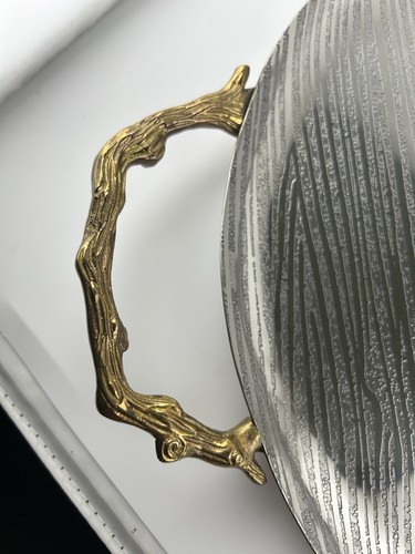 Goldinger Silver Art Wood Grain Look 14”Handled Serving Tray Gold Branch Handles - Picture 5 of 6