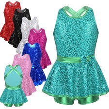 Kids Girls Leotard Ice Skating Dress Dance Dancewear Sequined Criss Cross Back