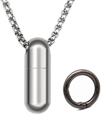 Small Pill Box Necklace Titanium Mini Pill Case W/ 28" Rolo Chain Necklace Tiny