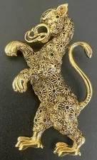 Heraldic Figural Lion Brooch Pin Gold Tone Floral Texture Statement Vintage
