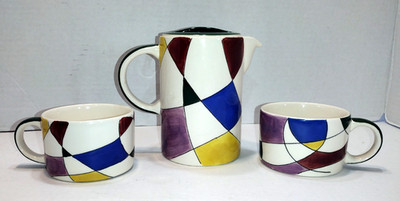 Hues N Brews Set Tea Pot and 2 Cups. Abstract Design