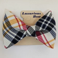 1970s Vintage Blue Yellow Red Plaid Bow Tie Oversized Large Butterfly Clip On