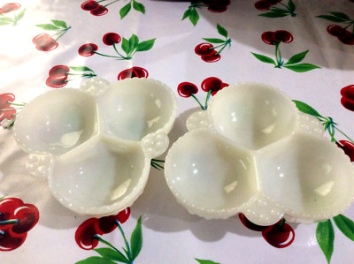 Anchor Hocking Hobnail Milk Glass 3-Section dishes Condiment Servers 2pc Antique