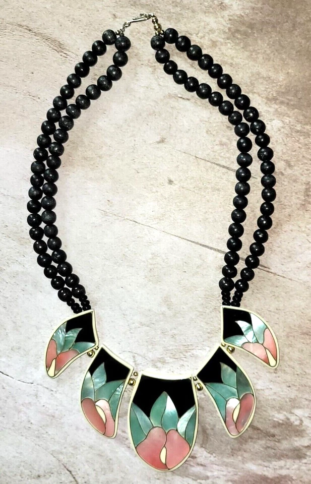 镶嵌珍珠母拖把花卉设计声明领项链 80 年代复古 — 第 2/4 张图片