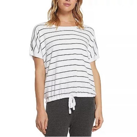 Large Barefoot Dreams Cozychic Ultra Lite Striped Sweater in Cream