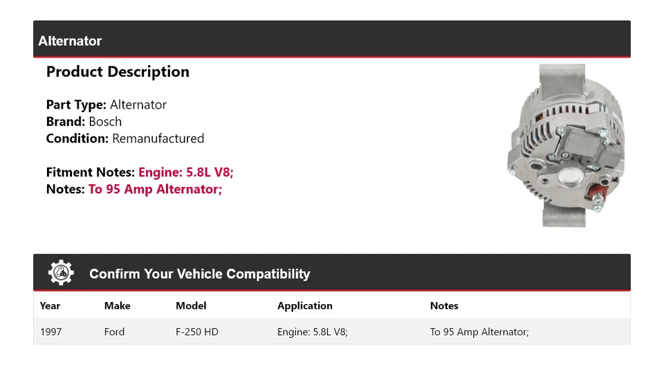 For 1997 Ford F-250 HD 5.8L V8 Bosch Alternator (Remanufactured) - Imagem 2 de 4