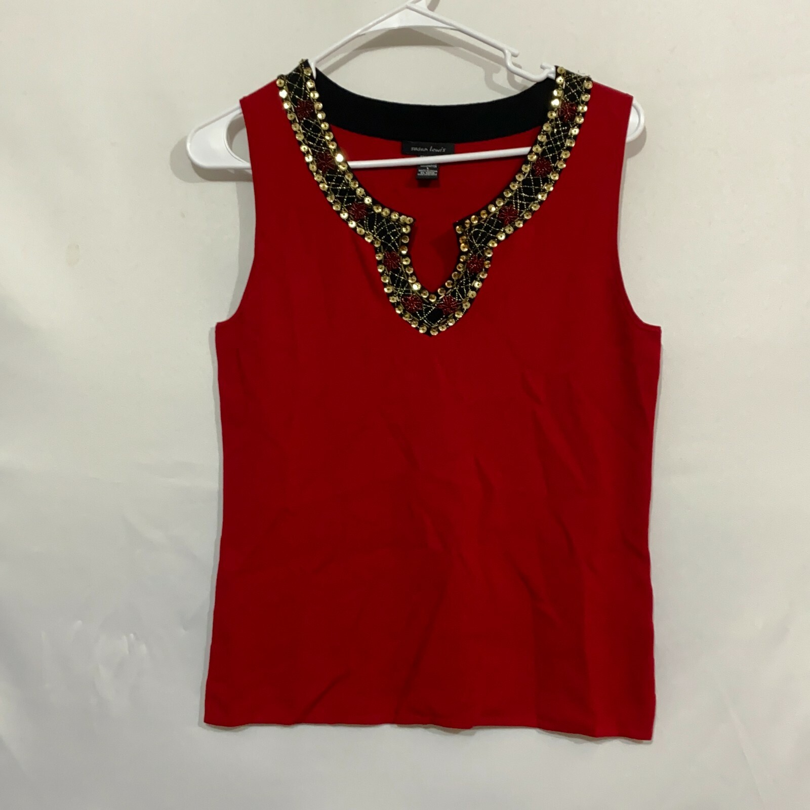 Susan Lewis Womens Red Sequin Sleeveless Split Neck Pullover Tank Top Size Large