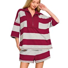 Zenana Outfit Set Casual Striped Burgundy French Terry Half-Zip Top and Shorts S