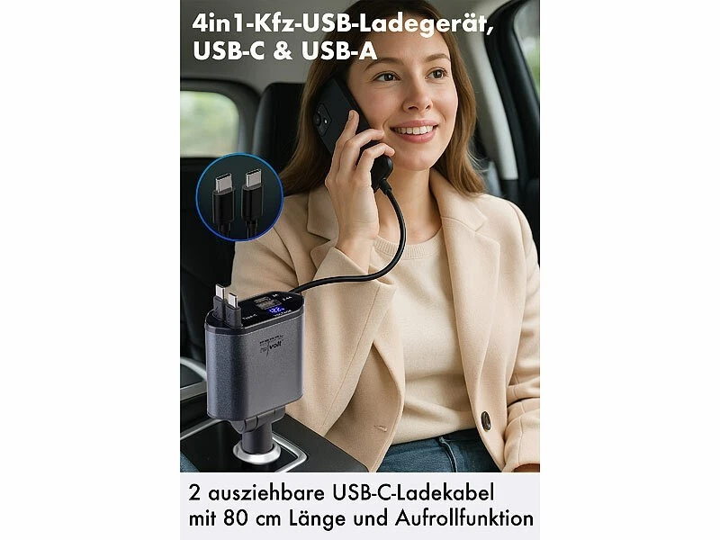 4in1 Kfz USB Ladegerät 66W, 2 ausziehbare USB-C Kabel, USB-C & USB-A - Bild 3 von 4