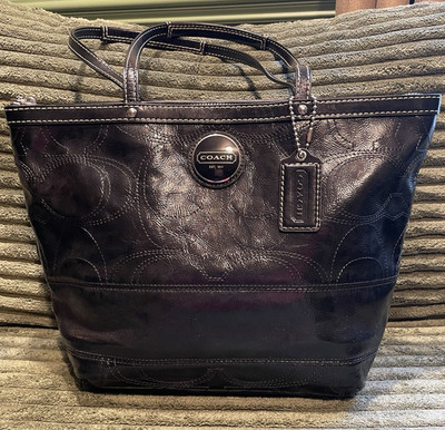 Coach Signature Embossed Black Patent Leather Tote, Zip Top, Hang tag