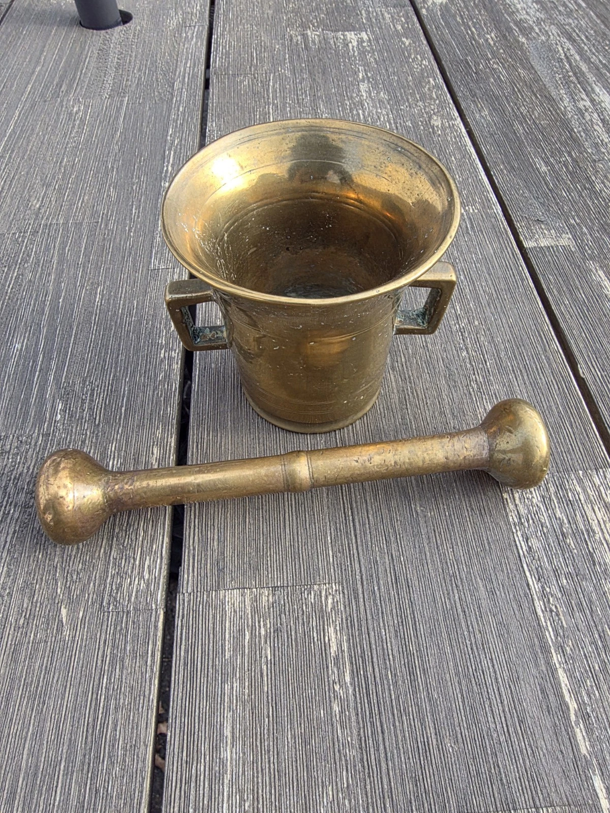 Antique Heavy Solid Brass Mortar and Pestle 8 lbs 4.5" across 5" high mortar 8”