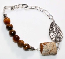 Beaded Bezel Picture Jasper Tiger Eye 925 Silver Plated Bracelet 8