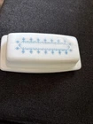 VINTAGE PYREX 60’s BUTTER DISH WITH LID!  BLUE & WHITE SNOWFLAKE GARLAND!  USED