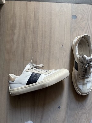 Tods Men's White Blue Beige Leather Sneakers Low Top Size 9 (US 10-10.5)