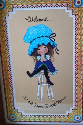 Vintage Miss Petticoat Spiegel ''Welcome.. To Our Home Sweet Home'' gehäkelt Teak
