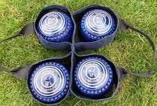 4 x TAYLOR VECTOR-VS …BLUE MOTTLED…LAWN BOWLS…SIZE 00…WITH CARRIER.