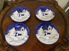 Deruta Italian Pottery Winter Village Salad Plate 8.75" Set of 4 Blue White