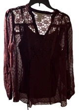 American Rag Women's Size M Sheer Shirt Lace Back Button Down Tie Back 