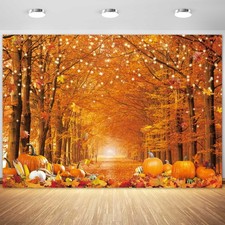 7x5ft Polyester Fall Autumn Photo Backdrop, Forest Scenery, Maple Pumpkins