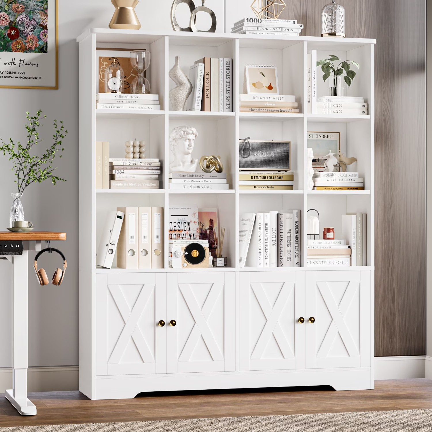 Homfa 440 12-Cube Double Wide Bookcase with Doors, 3 Tier Li