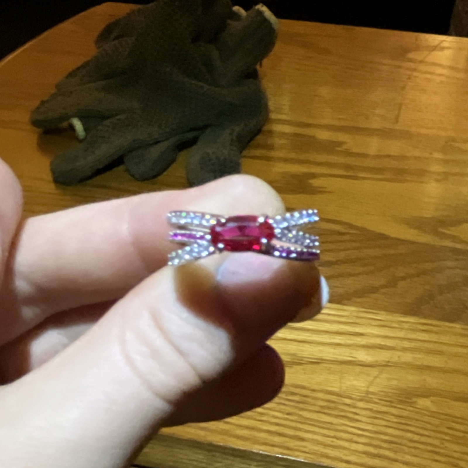Silver Bow Ring, Red Ruby Emerald Cut & Cubic Zir… - image 3