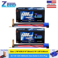 2x Zeee 7.6V 120C 6000mAh 2S Shorty Lipo Battery 5mm Bullet to EC3 High Voltage