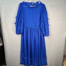Vintage Victor Costa Blue Striped Ruffle Long Sleeve Midi Dress Womens Size 8