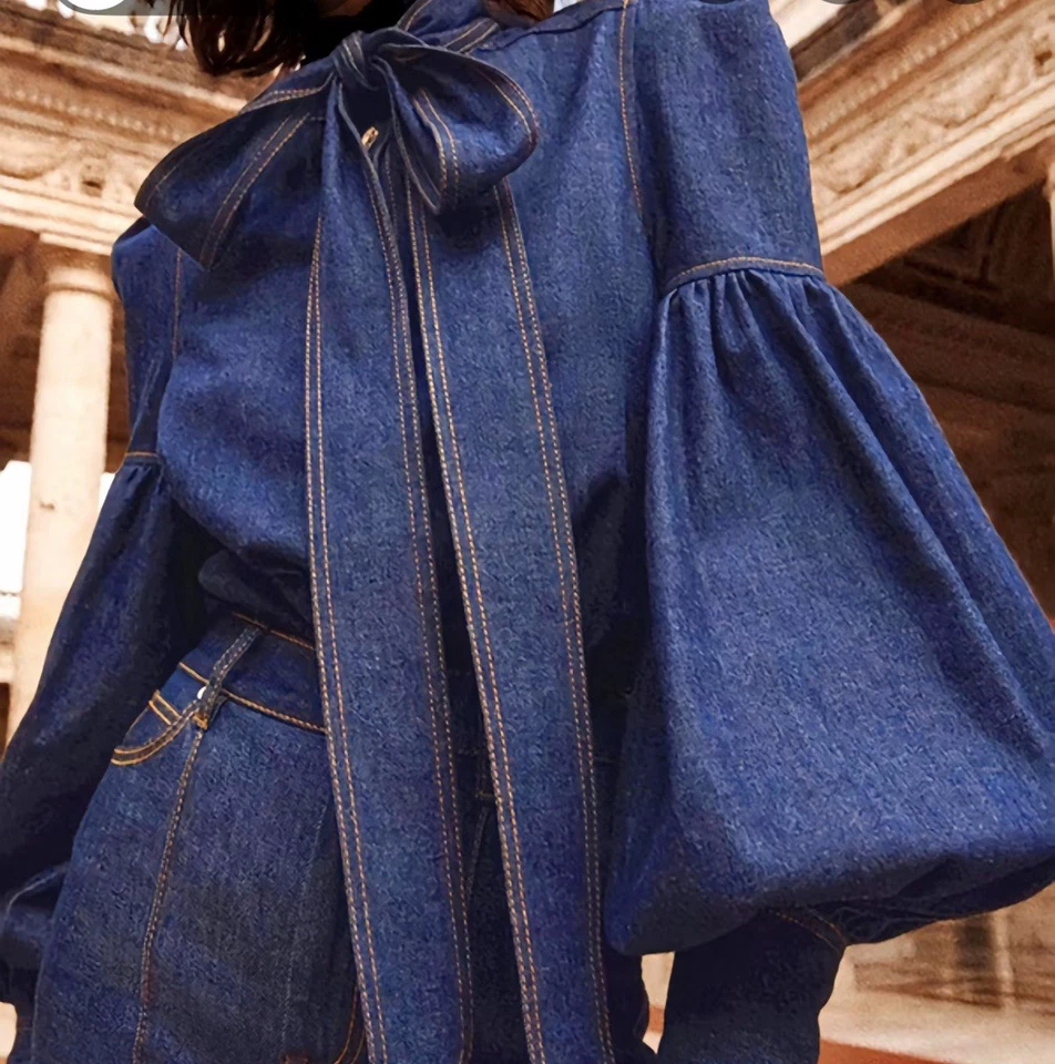 Blusa vintage de mujer denim con pajarita con botones cuello alto botones mangas globo L Foto 3 de 3