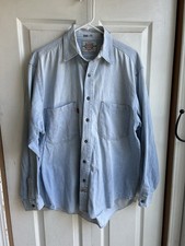 Vintage 90s Men s Bugle Boy Light Blue Denim Shirt Button Down L/s Gold Crest M