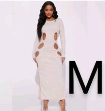 🆕Fashion Nova Beige Ribbed Cut Out Long Sleeve Maxi Dress~ Size M