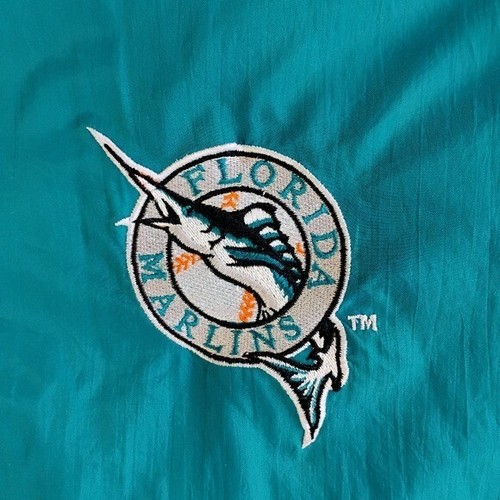 Chaqueta cortavientos de competidor vintage de los Florida Marlins para hombre de la década de 1990 1/4 cremallera capucha XL - Imagen 10 de 16