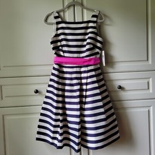 Nwt Eliza J Fit & Flare Pleated Navy Cream Striped Dress Belted Pink Bow Sash 4