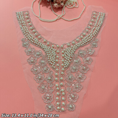 Lace Pearl Beaded Applique Flower Patch Fabric Trim Craft DIY Sewing Bridal