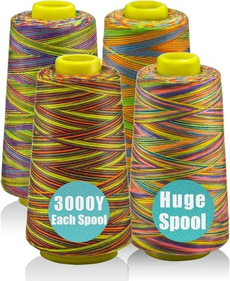 Rainbow Variegated Serger Thread, All-Purpose Thread for Sewing, Polyester, 4 Co