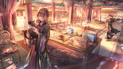 Anime girls long hair cats brunette books braids junpaku playmat gaming mat